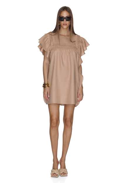 Beige Linen Oversized Mini Dress With Ruffles