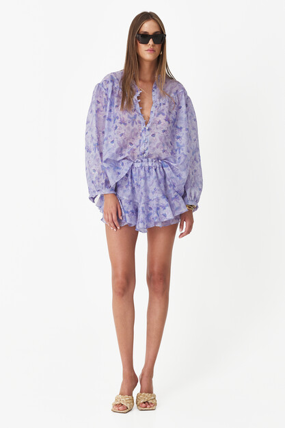 Flower Printed Cotton-Silk Oversized Blouse