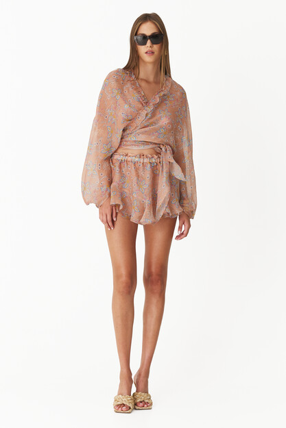 Brick-Orange Printed Silk-Linen Shorts