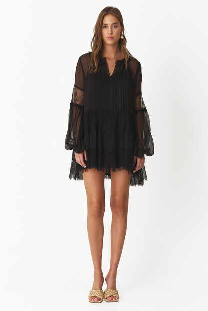 Black Silk Mini Dress With Chantilly Insertions