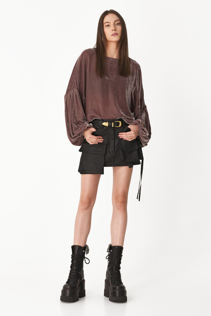 Mauve Velvet Blouse With Oversized Sleeves