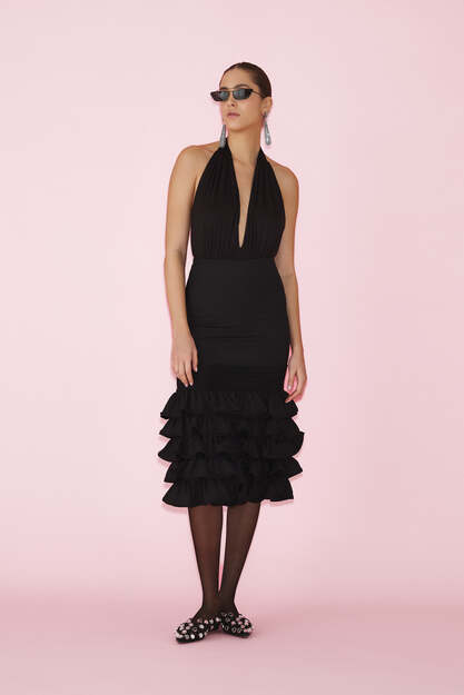 Black Midi Skirt With Ruffles - PRESPRING25