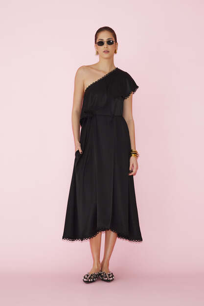 One Shoulder Black Viscose Midi Dress - SS25