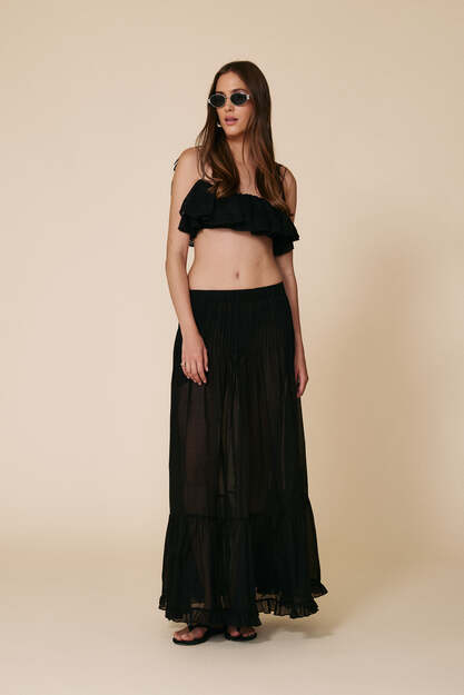 Black Cotton Pleated Maxi Skirt - SS25