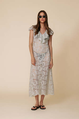 Light Green Midi Lace Dress With Ruffled Neckline - SS25 - PNK Casual