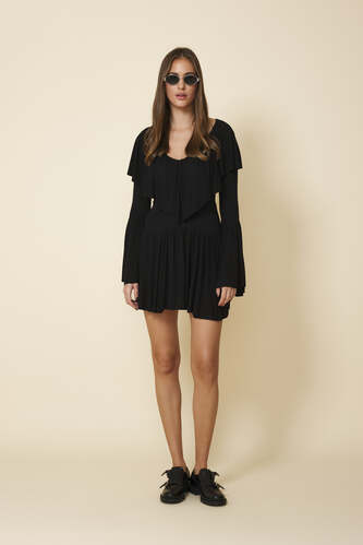 Black Mini Dress With A Relaxed Fit And Long Flared Sleeves - Pre-Spring26 - PNK Casual