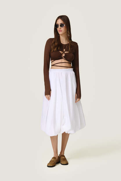 Brown Cropped Blouse With a Front Cut-Out Detail And Adjustable Lace-Up Tie - SS26