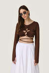 Brown Cropped Blouse With a Front Cut-Out Detail And Adjustable Lace-Up Tie - SS26