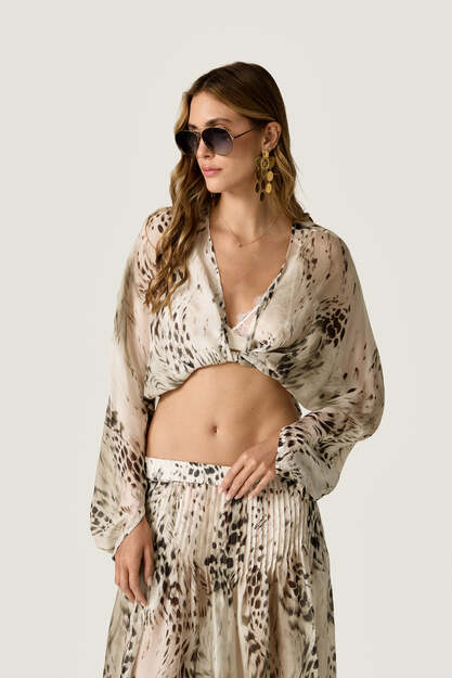 Beige Printed Silk Wrap Top