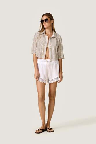White Linen Shorts with Lace Inserts - PNK Casual