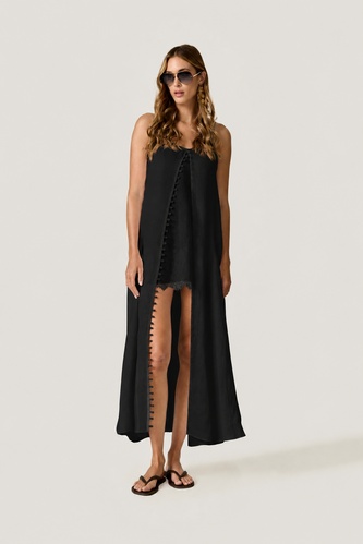 Black Midi Dress with Chantilly Lace Slip Detail - PNK Casual