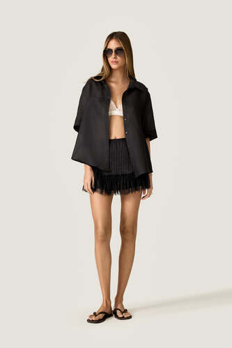 Black Linen Mini Skirt with Chantilly Lace - PNK Casual