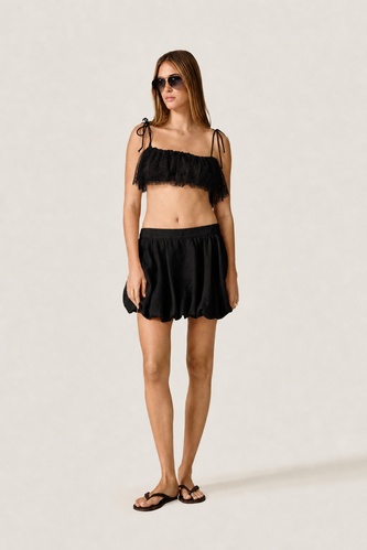 Black Linen Crop Top with Lace Ruffle - PNK Casual