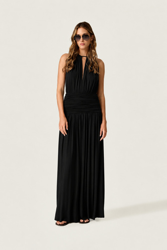 Black Open-Back Maxi Dress with Draped Waist - PNK Casual