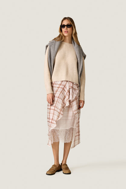 Asymmetric Check Midi Skirt with Underskirt