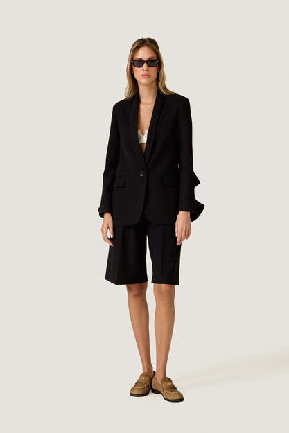 Black Blazer with Sculptural Ruffle Sleeves