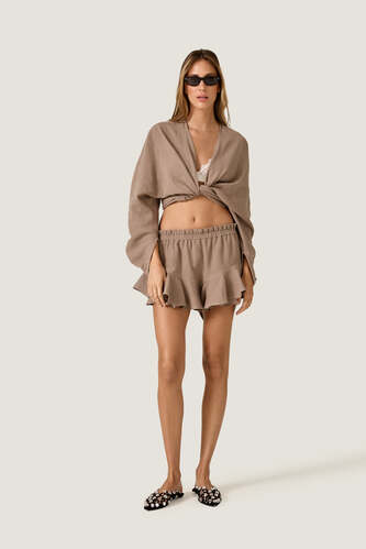Taupe Beige Cotton Wrap Linen Blouse - PNK Casual