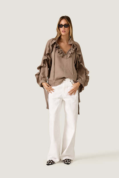 Taupe Beige Ruffle Blouse with Voluminous Sleeves
