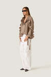 Taupe Beige Ruffle Blouse with Voluminous Sleeves