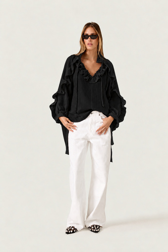Black Ruffle Blouse with Voluminous Sleeves - PNK Casual