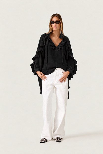 Black Ruffle Blouse with Voluminous Sleeves