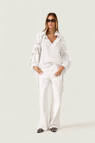 White Ruffle Blouse with Voluminous Sleeves - PNK Casual